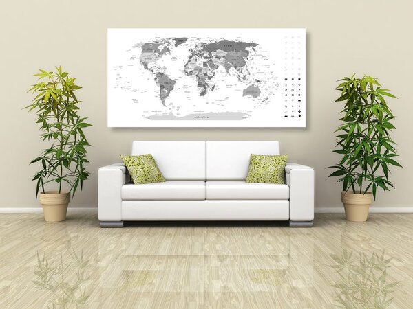 Obraz na korku detailná mapa sveta v čiernobielom prevedení