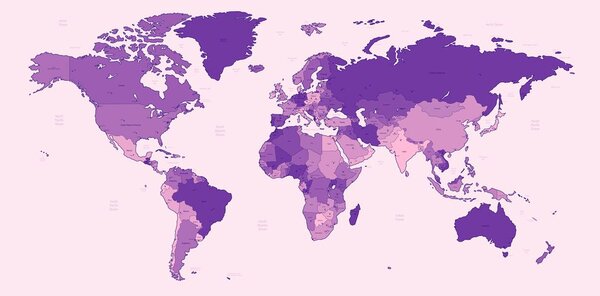 Obraz na korku detailná mapa sveta vo fialovej farbe