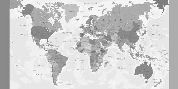 Obraz na korku podrobná mapa sveta v čiernobielom prevedení