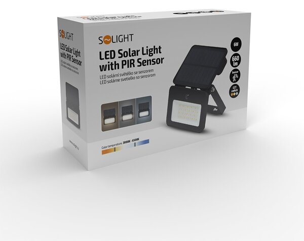 SOLIGHT LED solárne osvetlenie so senzorom 6W, 660lm, CCT, Li-Ion, čierna
