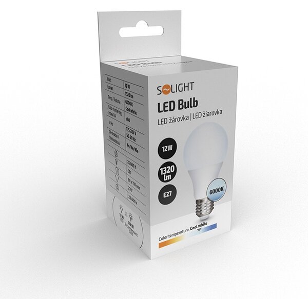 SOLIGHT LED žiarovka, klasický tvar, 12W, E27, 6000K, 270 °, 1320lm