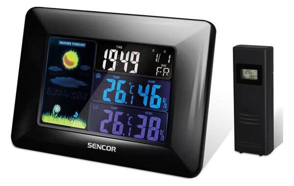 Sencor - Meteostanica s farebným LCD displejom a budíkom 3xAAA čierna
