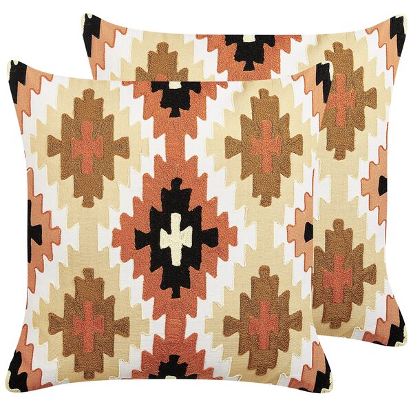 Sada 2 dekoratívnych vankúšov viacfarebná vlna bavlna 50 x 50 cm geometrický vzor ručne vyšívaný štvorcový tvar boho moderný štýl doplnky