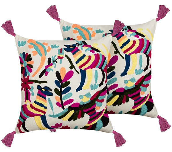 Sada 2 dekoratívnych vankúšov viacfarebná vlna bavlna 50 x 50 cm abstraktný zvierací vzor so strapcami štvorcový tvar boho štýl doplnky