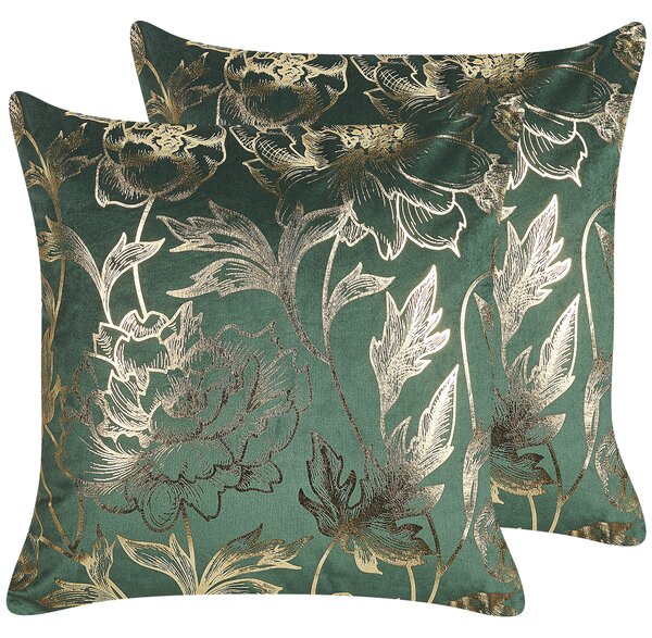 Sada 2 dekoratívnych vankúšov zelená zamatová 45 x 45 cm zlatá potlač kvetov elegantný dizajn