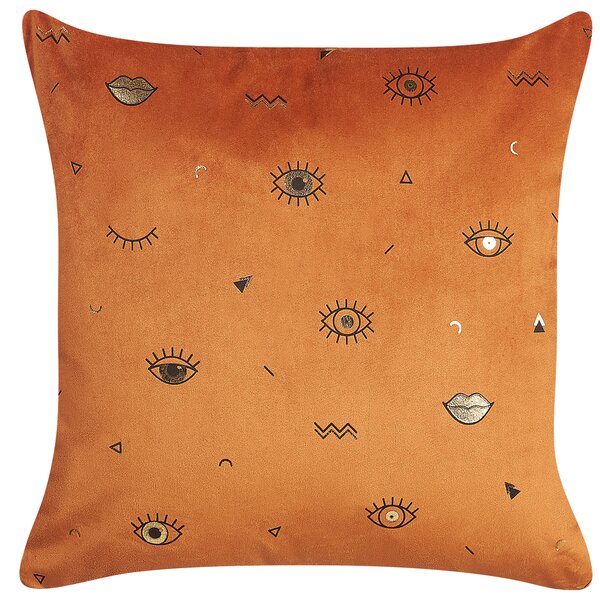 Súprava 2 dekoratívnych vankúšov oranžová zamatová 45 x 45 cm zlatá potlač s motívom očí boho glamour dizajn