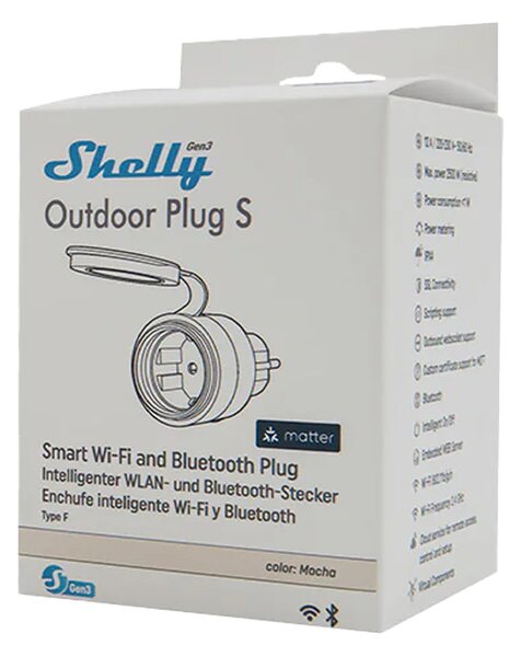 Inteligentná vonkajšia zásuvka Shelly Plug S MTR Gen3 IP44 12 A