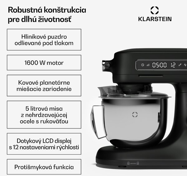 Klarstein Chiara kuchynský robot, 1600 W, 12 nastavení, misa z nehrdzavejúcej ocele, LCD displej, vrátane príslušenstva