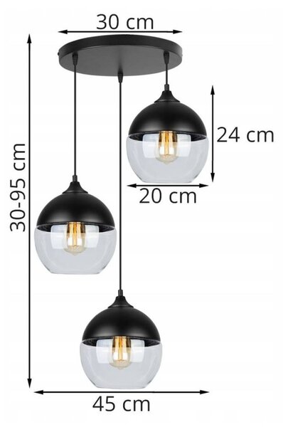 Závesné svietidlo Oslo, 3x čierne/transparentné sklenené tienidlo, o