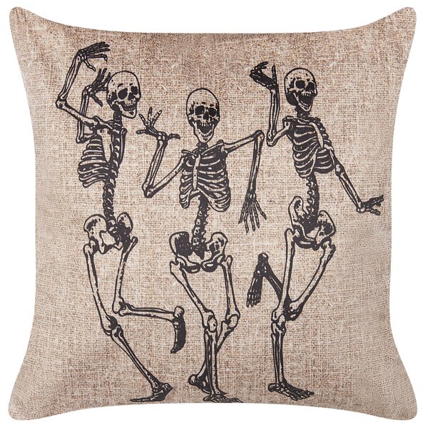 Dekoratívny vankúš béžový zamat 45 x 45 cm štvorcový vzor kostry halloweensky motív moderný štýl doplnky