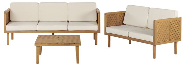 Záhradná sedacia súprava akáciové drevo krémovobiele vankúše 5-miestna konferenčný stolík moderný dizajn