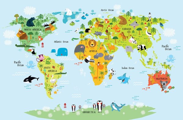 Obraz na korku detská mapa sveta so zvieratkami