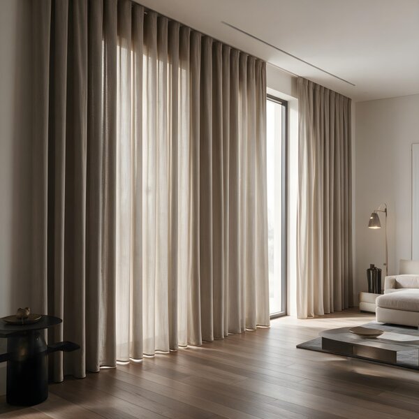 Záclona/Záves béžovo-hnedá Linen Mist s efektom ľanu a olovkom Ervi 4451