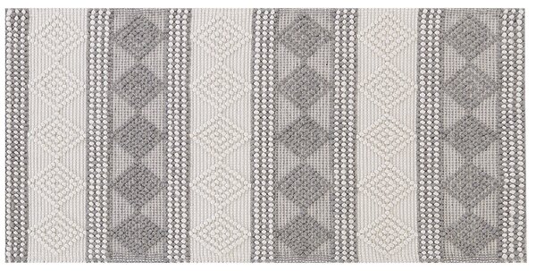 Koberec svetlobéžový a sivý 80 x 150 cm vlna bavlna a polyester ručne tkaný s geometrickým vzorom boho obývacia izba spálňa