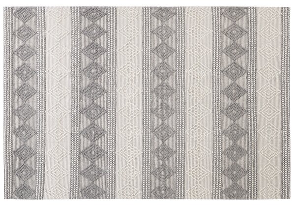 Koberec svetlobéžový a sivý 140 x 200 cm vlna bavlna a polyester ručne tkaný s geometrickým vzorom boho obývacia izba spálňa