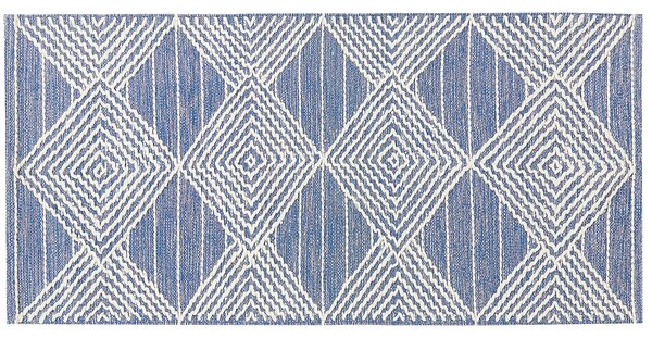 Koberec svetlobéžový a modrý 80 x 150 cm vlna a polyester ručne tkaný s geometrickým vzorom boho obývacia izba spálňa