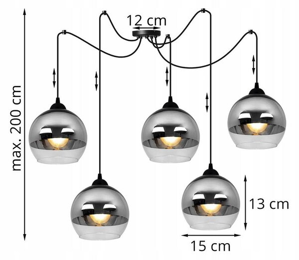Závesné svietidlo Bergen Spider, 5x chrómové/transparentné sklenené tienidlo (fi 15cm)