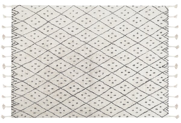 Koberec krémová biela a čierna bavlna 140 x 200 cm geometrický vzor strapce orientálny boho štýl
