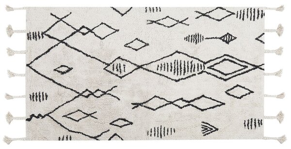 Koberec biela a čierna bavlna 80 x 150 cm geometrický vzor strapce orientálny boho
