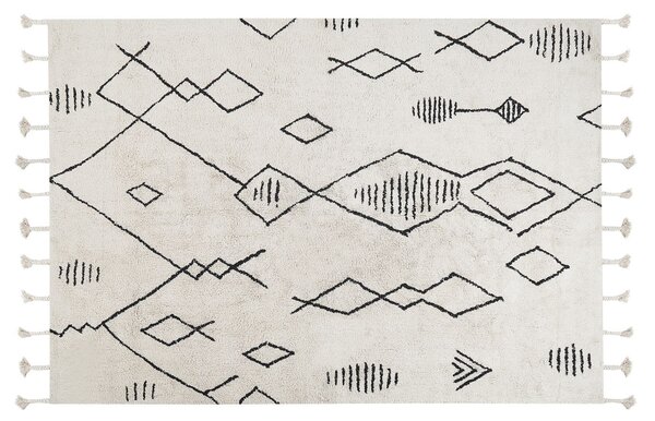 Koberec biela a čierna bavlna 140 x 200 cm geometrický vzor strapce orientálny boho