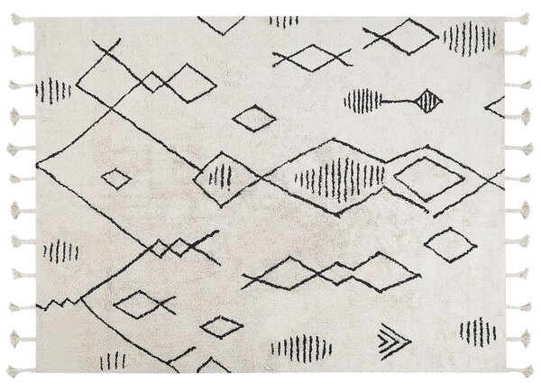 Koberec biela a čierna bavlna 160 x 230 cm geometrický vzor strapce orientálny boho