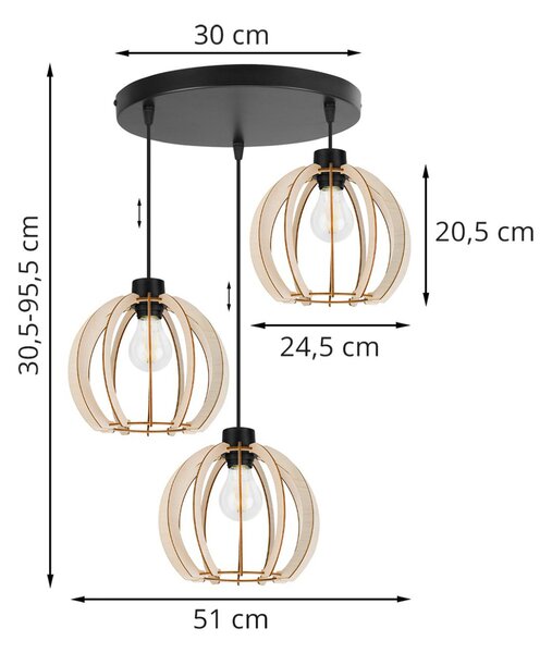 Závesné svietidlo Timber 9, 3x drevené tienidlo, o