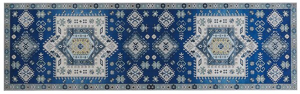 Koberec modrý a béžový polyester 60 x 200 cm s geometrickým vzorom protišmykový behúň moderná kuchyňa chodba