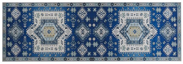 Koberec modrý a béžový polyester 80 x 240 cm s geometrickým vzorom protišmykový behúň moderná kuchyňa chodba