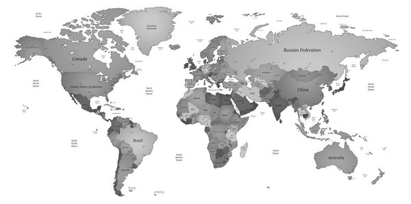 Obraz na korku mapa sveta vo farbách čiernobielej