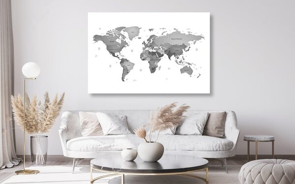 Obraz na korku mapa sveta vo farbách čiernobielej