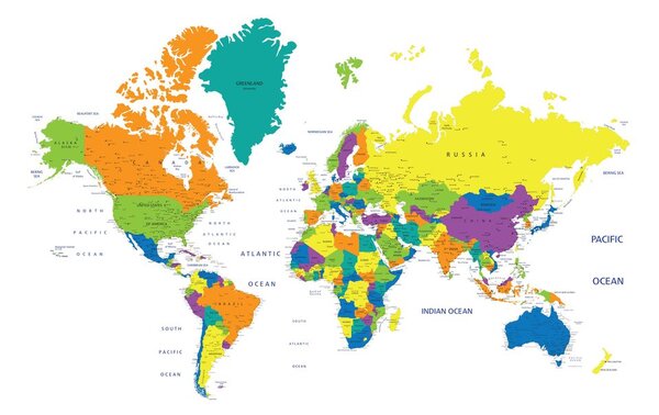Obraz na korku farebná mapa sveta na bielom pozadí