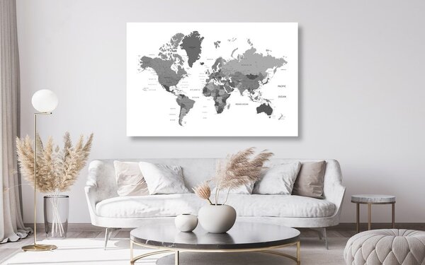 Obraz na korku mapa sveta v čiernobielej farbe