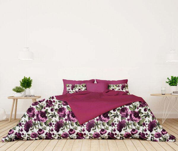 Ervi Zvýhodnená Sada Bavlnených DUO obliečok s Prestieradlom - fialové hortenzie a pivonky/fuchsia