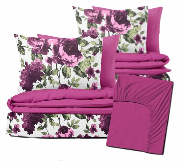 Ervi Zvýhodnená Sada Bavlnených DUO obliečok s Prestieradlom - fialové hortenzie a pivonky/fuchsia