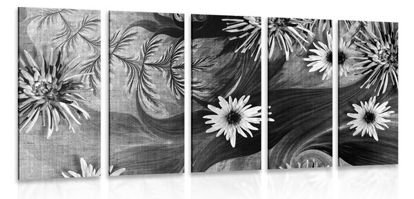 5-dielny obraz kvety na čiernobielom pozadí