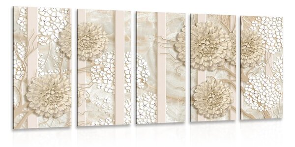 5-dielny obraz abstraktné kvety na mramorovom pozadí