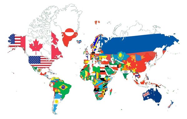 Obraz na korku mapa sveta s vlajkami s bielym pozadím