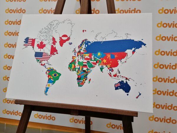 Obraz na korku mapa sveta s vlajkami s bielym pozadím