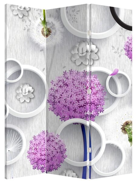 Paraván - 3D abstrakcie s kruhmi a kvetinami (126x170 cm)