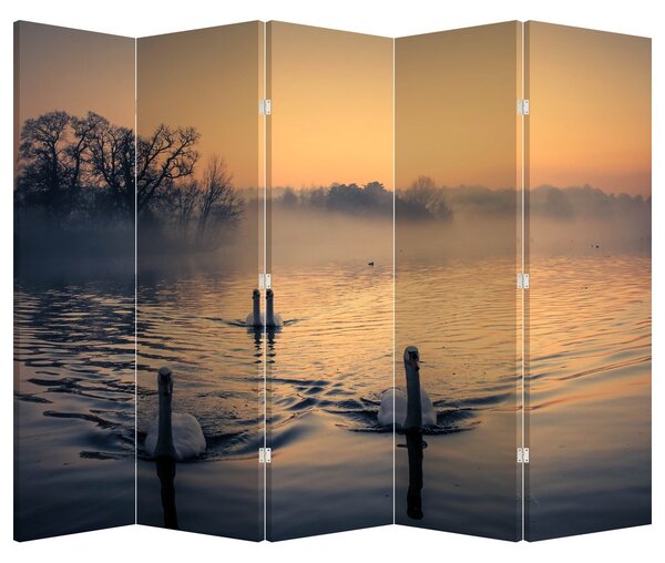 Paraván - Labute na vode v hmle (210x170 cm)