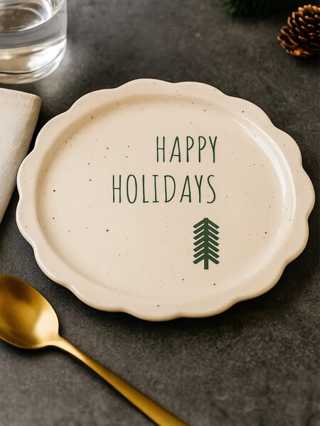 Sinsay - Vianočný keramický tanier s nápisom Happy Holidays - biela