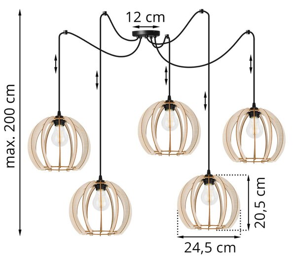 Závesné svietidlo Timber Spider 9, 5x drevené tienidlo
