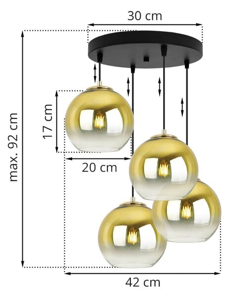 Závesné svietidlo Bergen Gold, 4x zlaté/transparentné sklenené tienidlo (fi 20cm), o