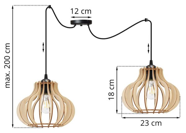 Závesné svietidlo Timber Spider 3, 2x drevené tienidlo