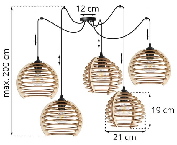 Závesné svietidlo Timber Spider, 5x drevené tienidlo, n