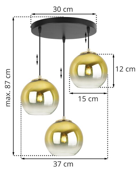 Závesné svietidlo Bergen Gold, 3x zlaté/transparentné sklenené tienidlo (fi 15cm), o