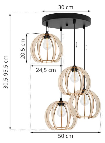 Závesné svietidlo Timber 9, 4x drevené tienidlo, o