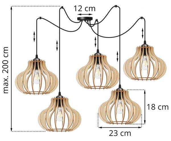 Závesné svietidlo Timber Spider 3, 5x drevené tienidlo