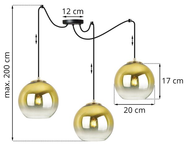 Závesné svietidlo Bergen Gold Spider, 3x zlaté/transparentné sklenené tienidlo (fi 20cm)