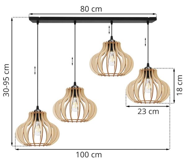 Závesné svietidlo Timber 3, 4x drevené tienidlo
